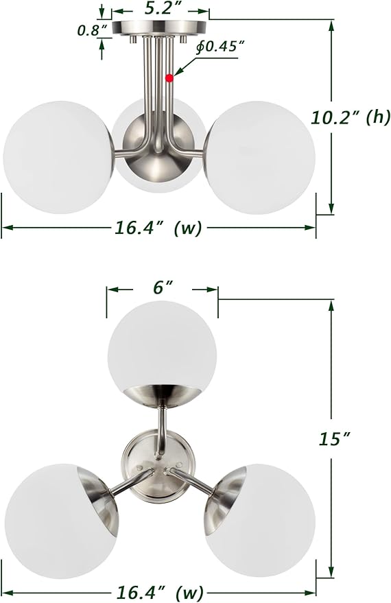 3 Light Semi Flush Mount Ceiling Light Fixture Brushed Nickel, Modern Globe Chandelier, Sputnik Farmhouse Lighting for Kitchen Bedroom Bathroom Living Room Corridor Laundry Room Bar …