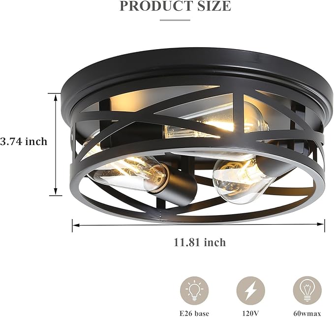 EMONG Farmhouse 3-Light Black Flush Mount Ceiling Light, Vintage Industrial Closed to Ceiling Mount Lamp,Metal cage Light Fixture for Entryway Hallway Kitchen Bedroom