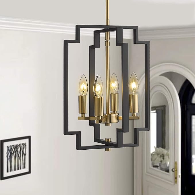 Emliviar 4-Light Lantern Chandelier, Farmhouse Pendant Light for Dining Room Kitchen Island, Black and Gold Finish, JE1981-D4 BK+G
