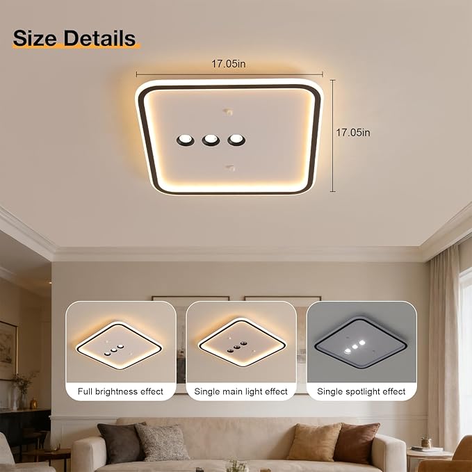 Square Diamond LED Ceiling Light with 3 Adjustable Spotlights, Dimmable Flush Mount Lighting Fixture, Black & White for Bedroom Living Room Kitchen Hallway
