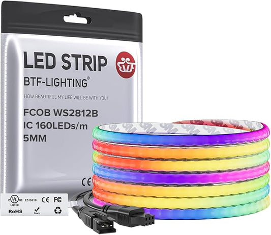 BTF-LIGHTING FCOB COB XGB1338(WS2812B) Individually Addressable IC RGB 160LED/m 640IC LED Strip DC5V 13.1FT 5mm Width Dream Chasing Color High Density Uniform Light(NO Adapter or Controller)