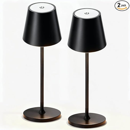 2 Pack Cordless Table Lamp,Portable LED Desk Lamp, 5200mAh Battery Operated, 3 Color Stepless Dimming Up, for Restaurant, Bedroom, Bars, Outdoor Party, Camping, Coffee Shop Night Light Black