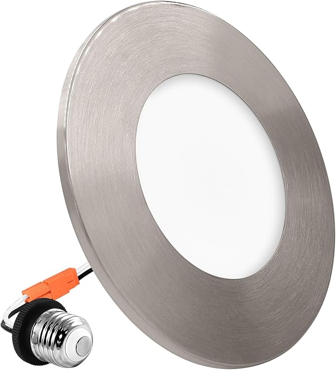 LUXRITE 3-4 Inch LED Flush Mount & Recessed Light, 7.5W, 5CCT 2700K-5000K, 650LM, Magnetic Trim, Dimmable Ceiling Can Light, Install to J-Box or 4 Inch Housing, Wet Rated, UL Listed, Brushed Nickel