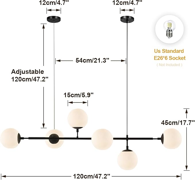 BOKT Mid Century Modern 6-Lights Pendant Light Milk Glass Globe Round Sputnik Chandelier Black Linear Pendant Light Kitchen Island Chandelier Lamp Ding Room Light Fixture