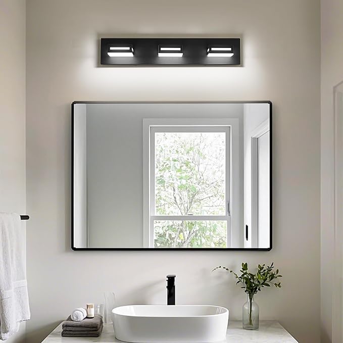 LED Modern Bathroom Light Fixtures, 3-Light 24-Inch Matte Black Vanity Lights for Bathroom Lighting Fixtures Over Mirror, 6000K Cool White 350° Rotatable Wall Lamp