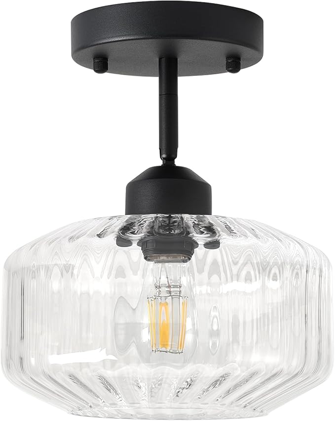 TeHenoo Modern Sloped Ceiling Light, Ribbed Clear Glass Flush Mount for Entryway, Hallway,Vaulted Ceiling,Matte Black