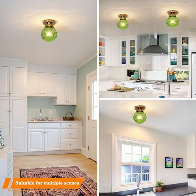 Green Globe Glass Semi Flush Mount Small Hall Ceiling Light, Modern Gold Lighting for Kitchen, Bedroom, Hallway, Porch