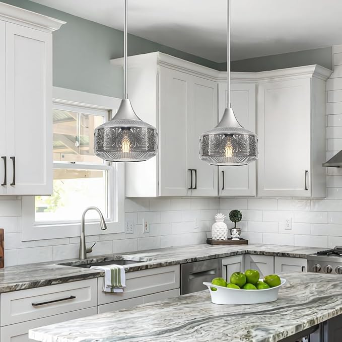 Modern Chrome Pendant Lights Kitchen Island, 9 Inch Smoke Grey Glass Pendant Light with Adjustable Hanging Rod, E26 Socket, for Kitchen Island Lighting, Bathroom, Hallway & Entryway Home Decor