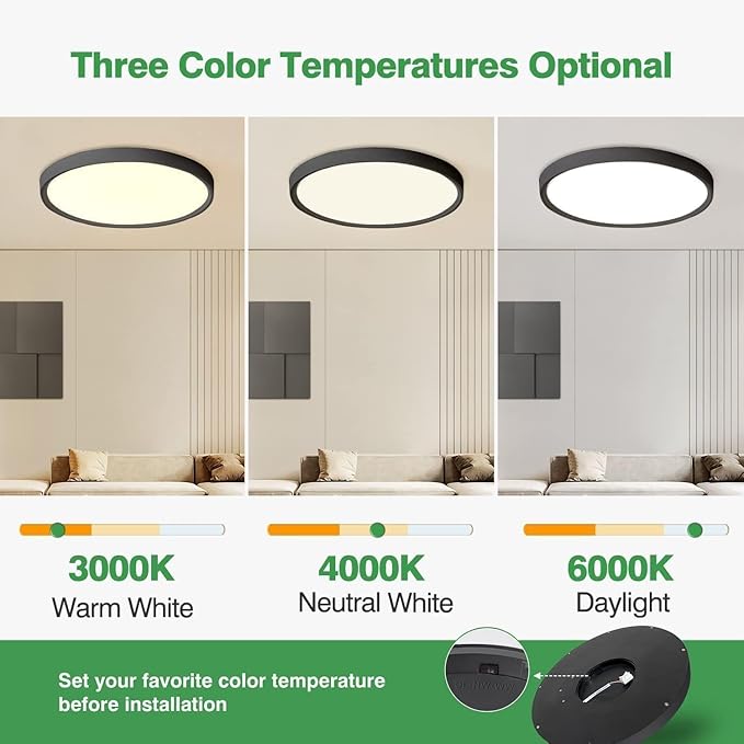 16 Inch LED Flush Mount Ceiling Light White, 32W, 3480LM, 3000K/4000K/6000K CCT Selectable, Round Flat Panel Light Low Profile Ceiling Light Fitures for Hallway, Kitchen, Bedroom, 6PK,Black