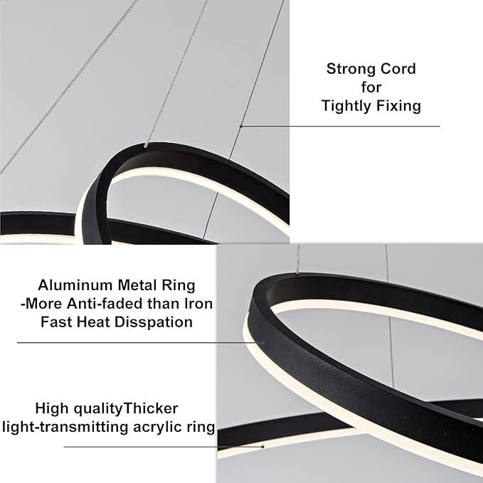 Modern LED Ring Pendant Hanging Round Ceiling Light Fixture,Adjustable LED Pendant Light with 2 Rings for Living Room,Dining Room, Bedroom Warm White Light 4000K,（Black）