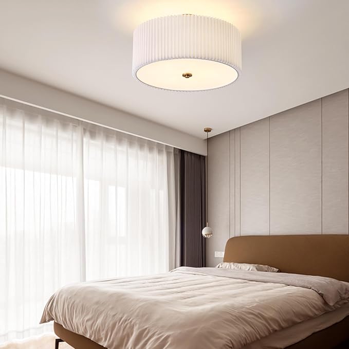 Semi Flush Mount Ceiling Light,17.7"Modern Close to Ceiling Light Fixture With White Fabric Shade, Light Fixtures Ceiling Mount Bedroom Ceiling Light for Bedroom Foyer Kitchen Living Room(Gold)