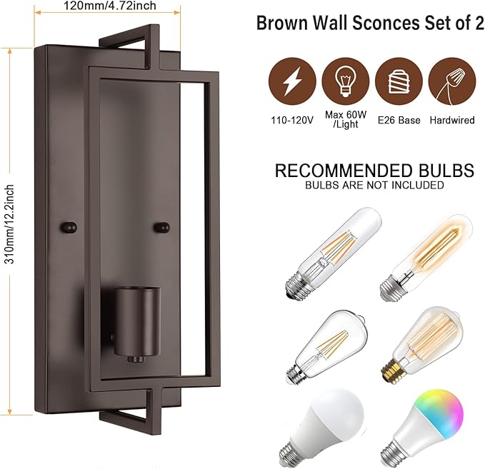 Maylaywood Industrial Wall Sconces Set of 2, Vintage Brown Wall Light Fixture E26 Base, Metal Rustic Wall Mount Lamp, Modern Indoor Lighting Hardwired
