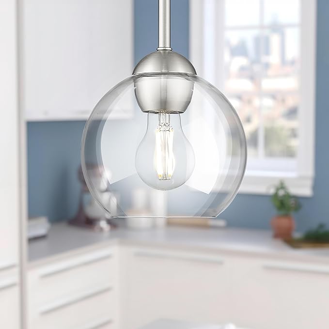 Emak 2 Pack Brushed Nickel Pendant Light Fixtures, 7 Inch Globe Pendant Lights with Clear Glass Shade, 1-Light Hanging Lights for Kitchen Island, Bathroom, Dining Room, PL119-BN-2PK