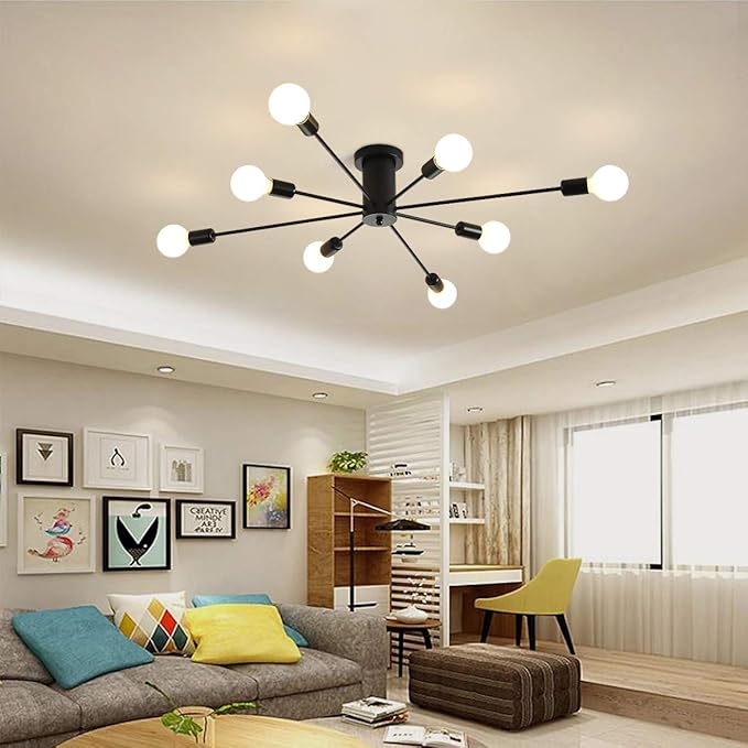 Garwarm 8-Light Sputnik Chandelier Black Industrial Semi Flush Mount Ceiling Light Fixture Mid Century Modern Pendant Light for Kitchen Farmhouse Living Room