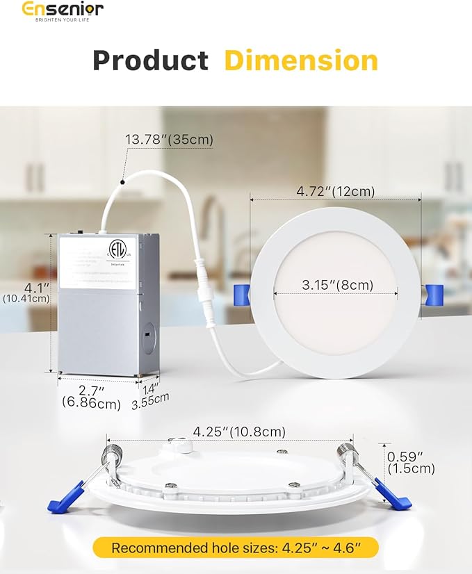 Ensenior 12 Pack 4 Inch LED Recessed Light, Dimmable, 3000K-5000K 3CCT, 750LM High Brightness, 9W 120V, 3 Pin, ERL-9X-ETL, Damp Rated, Ultra-Thin Canless Wafer Ceiling Light - ETL & FCC & IC