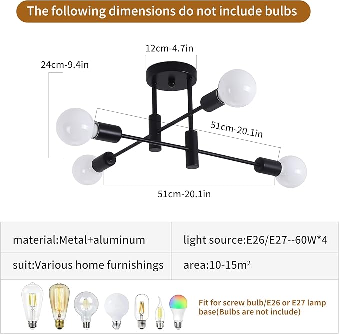 Garwarm Black Semi Flush Mount Ceiling Light Fixture, 4-Light Modern Industrial Sputnik Chandelier Light Fixture, Flush Mount Ceiling Lamp for Kitchen Dining Room Bedroom Foyer Entryway Hallway Closet