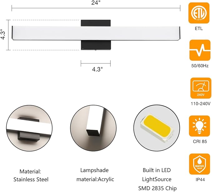 LED Bathroom Vanity Light Fixtures 24in Matte Black,Dimmable18W 4000K Natural White Square Wall Fixture, Modern Lighting for Over Mirror, Damp Rated
