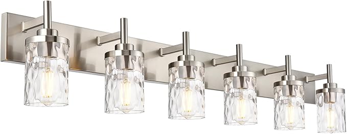 Bathroom Vanity Lighting Fixtures 6 Lights,Brushed Nickel Bathroom Vanity Lights with Clear Hammered Shade Wall Sconce Lighting Modern Farmhouse Bath Lighting