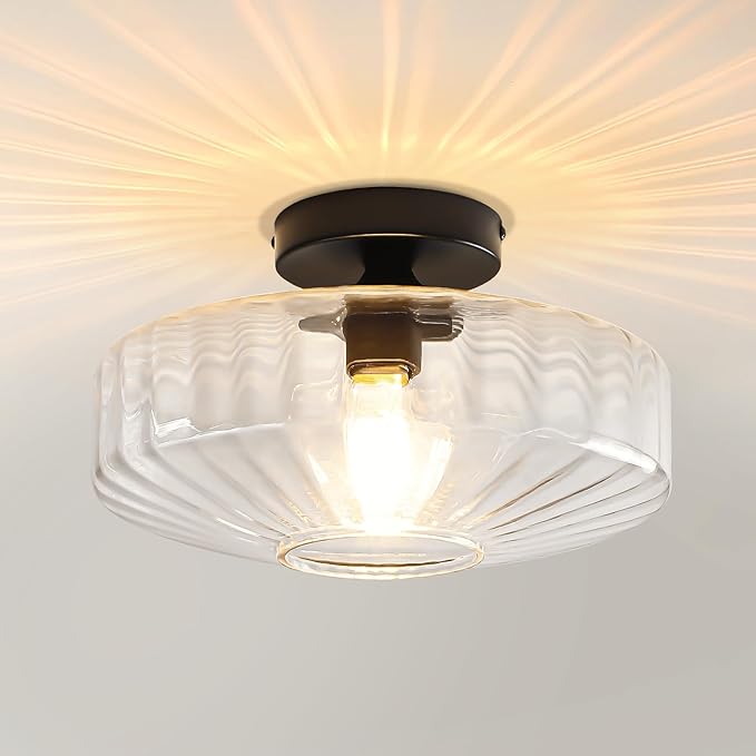 Semi Flush Mount Ceiling Light, 11.8" Vintage Clear Glass Ceiling Lights, 1-Light Mid Century Modern Drum Close to Ceiling Light Fixtures for Bedroom Kitchen Entryway Hallway Porch Foyer