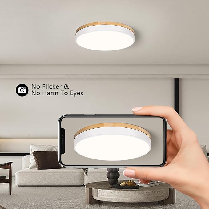 Modern Wood White Flush Mount Ceiling Light, 15.74" Round LED Low Profile Close to Ceiling Fixture for Kitchen Bedroom Bathroom Laundry Hallway Entryway Closet Living Room