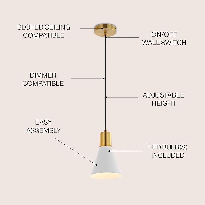 JONATHAN Y 6" White/Brass Gold 1-Light Apollo Mid-Century Modern Iron LED Pendant, Black Metal Shade, Adjustable Hanging Ceiling Light for Kitchen Island, Hallway, LED Bulb Included (JYL6131B)