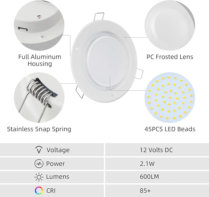 RV Boat Recessed Ceiling Light, 4.5Inch RV Interior Puck Light 12V, 600LM Camper Lighting Fixture for Motorhome Caravan Trailer Boat