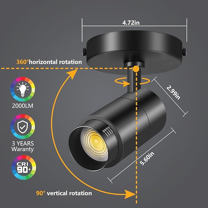 VANoopee 3-Color Zoomable LED Ceiling Spotlight Flush Mount Adjustable Spotlight Directional Dimmable Spot Lights Indoor Bright Accent Fixture for Living Room Bedroom - CRI90 15-55° 20W 2000lm Black