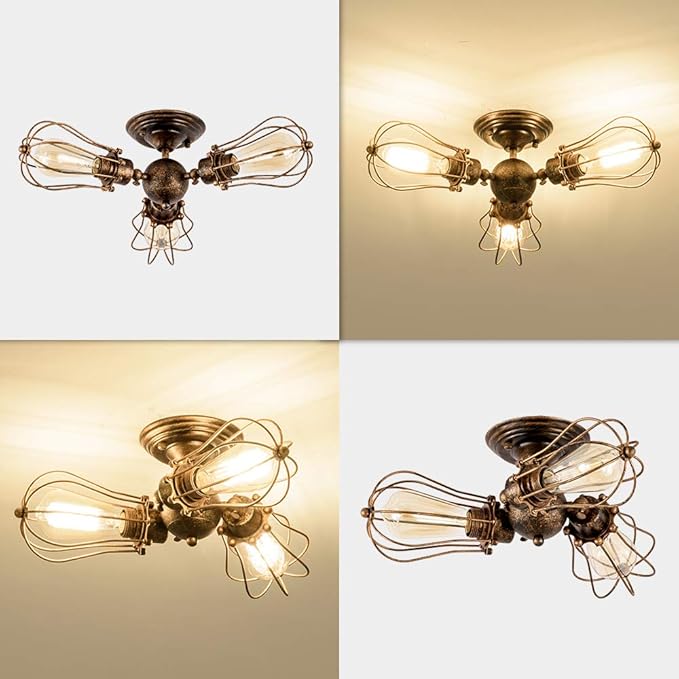 Luling Vintage Ceiling Light Industrial, Adjustable Socket Metal Wire Cage Lamp Semi-Flush Mount Rustic Ceiling Light Metal Lamp Fixtures (No Bulb) (with 3 Light) (Bronze)