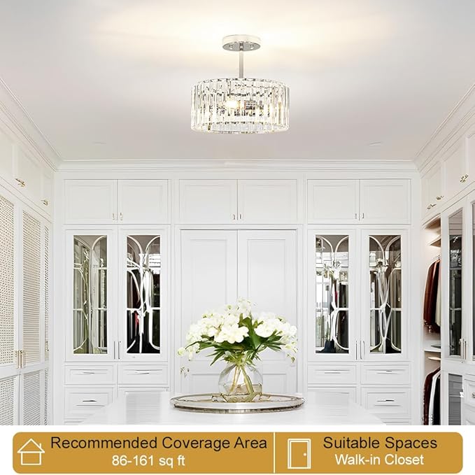 Modern Crystal Ceiling Light, Chrome Semi Flush Mount Ceiling Lighting Fixture, Hallway Light Fixtures Chandelier for Kitchen, Bedroom Dining Room Hallway Closet, 3-Light, 12 Inch
