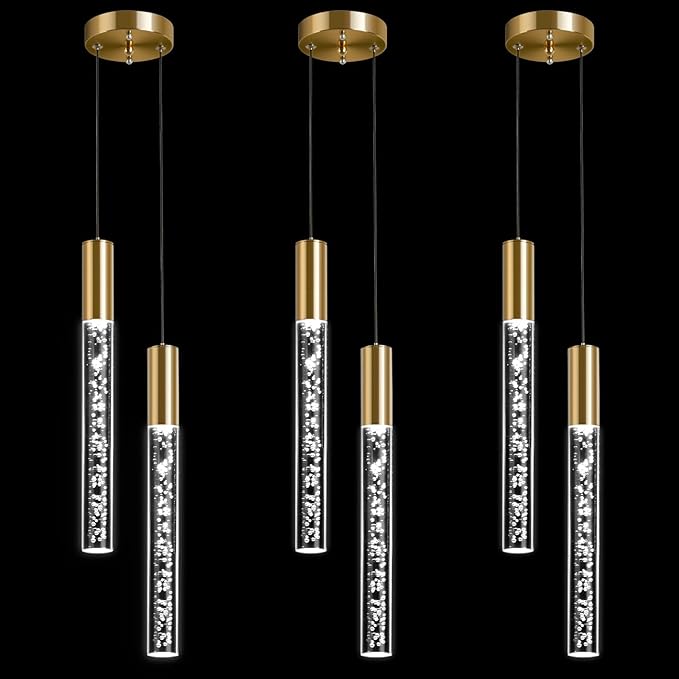 Modern Gold Pendant Light Fixture (2 Lights), 3 Color LED Pendant Light Acrylic Wire Adjustable Ceiling Pendant for Kitchen Island, Living Room, Bedroom, and Dining Room(Gold, 2Light 3pack)