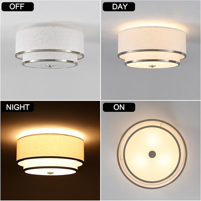 Luupyia 15.75 Inches Fabric Drum Ceiling Light, 3-Lights White Simple Semi Flush Mount Ceiling Lights with Double Fabric Shade, Drum Overhead Lighting for Bedroom Hallway Living Room E26, 60W
