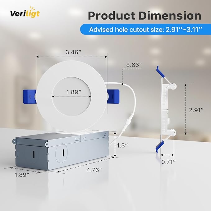 4 Pack 3 Inch LED Recessed Light, Dimmable, Damp Rated, 5CCT Selectable, 6W 500LM, 120V, Silm Canless Wafer Ceiling Light, ETL&FCC