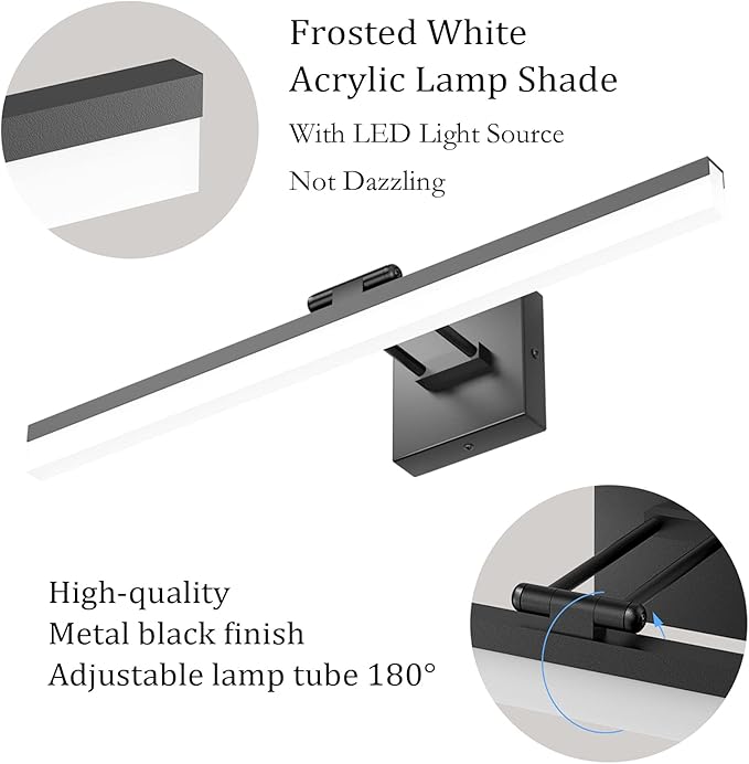 Ralbay 24" LED Modern Black Vanity Light 14W Adjustable Matte Black Bathroom Vanity Light Modern LED Bathroom Vanity Light Fixtures Over Mirror (6000K Cool White Light)