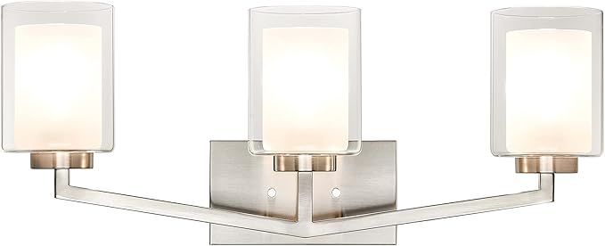 XiNBEi Lighting Brushed Nickel Bathroom Vanity Light, Modern 3-Light Bathroom Light Fixture with Dual Glass Shade Iron Wall Sconce Lighting Over Mirror XB-W1294-3-BN