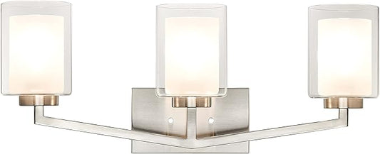 XiNBEi Lighting Brushed Nickel Bathroom Vanity Light, Modern 3-Light Bathroom Light Fixture with Dual Glass Shade Iron Wall Sconce Lighting Over Mirror XB-W1294-3-BN