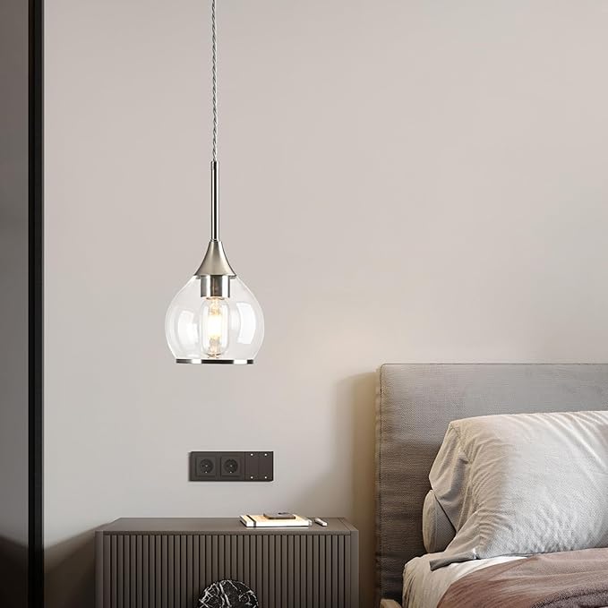 1-Piece Island Light for Kitchen, 1-Light Brushed Nickel Kitchen Island Hanging Pendant Light with Clear Round Glass Shades, Brushed Nickel Finish Dining Room Light Fixture Over Table