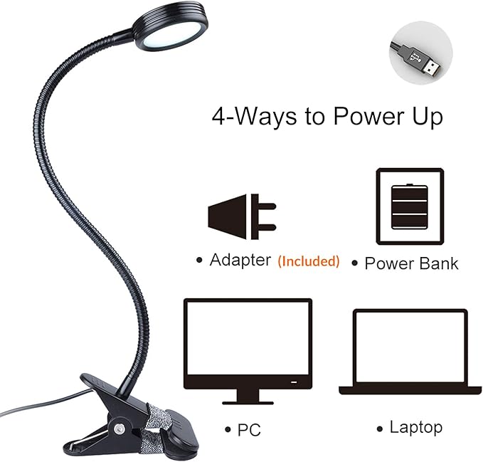 LEPOWER Clip on Light/Reading Lights/Book Light/Desk Lamp Color Changeable/Night Lights Clip on for Desk, Bed Headboard and Computers, Adapter Included (Black)