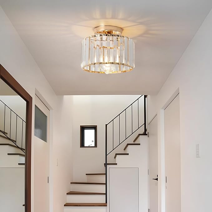 9 Inch Gold Crystal Ceiling Light Fixture - Modern Semi-Flush Mount Chandelier with Premium Crystals for Entryway, Dining Room, Bedroom, Kitchen