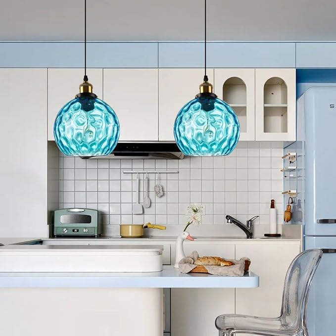 2-Pack Blue Glass Plug in Pendant Light, Boho Swag Hanging Lamps with 14.76ft Cord, Coastal Hammered Glass Globe Ceiling Hanging Lights for Bathroom Living Room Kids Bedroom