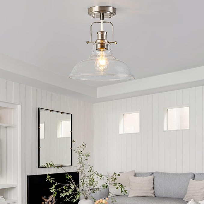 WILON Farmhouse Glass Semi Flush Mount Ceiling Light Fixture, Kitchen Lighting Fixtures Industrial Ceiling Lamp for Hallway Bedroom Kitchen Laundry Room (Brushed Nickel & Seeded, 1 Pack)