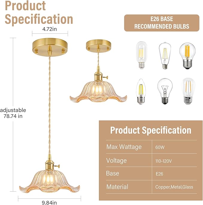 Vintage Pendant Lights Kitchen Island 2 Pack, Adjustable Pendant Light Fixtures with Amber Lily Glass Lampshade, Gold Kitchen Pendant Lighting Over Island, Pendant Light for Dining Room Hallway