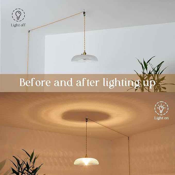 Hanging Light with Plug in Cord,11.8 Inch Plug in Pendant Light for Ceiling Glass Lampshade 14Ft Hanging Lamp Plug in Adjustable Golden Cord On/Off Switch for Bedroom