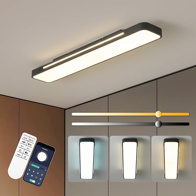 Modern LED Ceiling Light with Remote, 54W Dimmable Linear Black Flush Mount Light Fixture, 39.4'' Low Profile Light Fixture Long LED Ceiling Lamp for Bedroom Living Room Hallway Kitchen