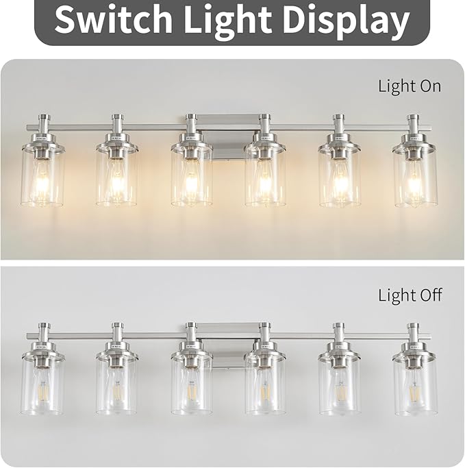 6-Light Bathroom Vanity Light, Brushed Nickel Fixtures Over Mirror, Wall Mount with Clear Glass Shade, Modern Wall Sconce
