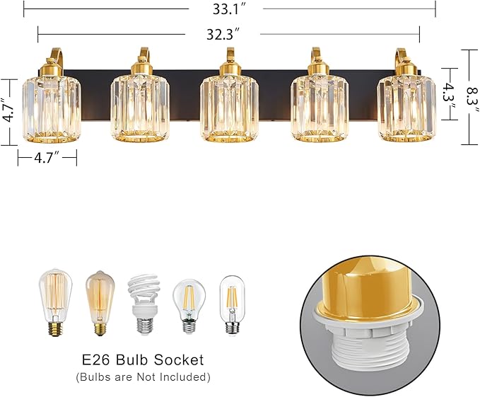 Black Gold Crystal Vanity Light Over Mirror 5 Lights Bathroom Wall Lighting Fixture with Round Shade (Exclude Bulb)