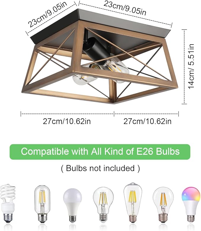 Farmhouse Flush Mount Ceiling Light Bronze Rustic Ceiling Light Fixtures 2-Light Industrial Vintage Kitchen Lights Ceiling for Hallway Foyer Entryway Dining Room Porch Living Room Laundry