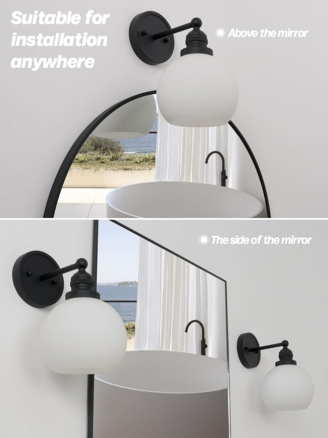 Wall Sconce Black Bathroom Light Fixtures with Milk Glass Modern Vanity Lights Vintage Sconces Wall Lighting for Living Room Bedroom Hallway Stairway E26 Hardwire