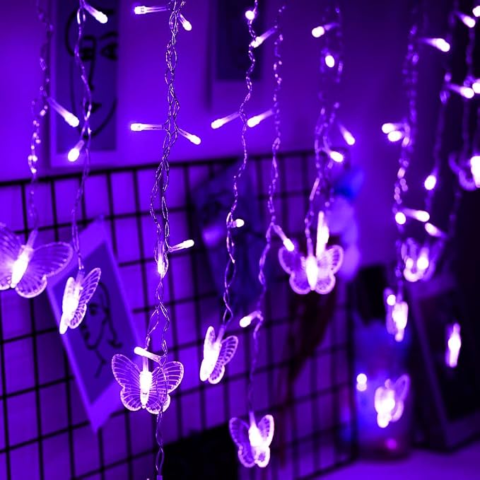 Curtain Butterfly String Light 20Ft 120LED Window USB Fairy Lights 24 Butterfly 8 Modes with Remote Control for Room Bedroom Patio Party Wedding Holiday Christmas Decoration (Purple)