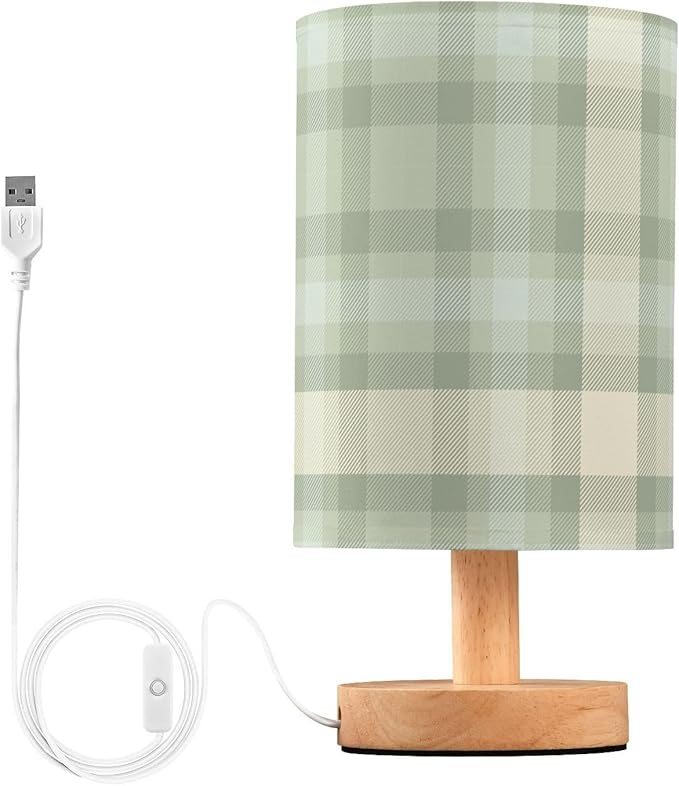 Aslsiy Sage Green Plaid Bedside Table Lamp Checked Nightstand Lamp Night Light Fabric Shade for Bedroom Living Room Home Office