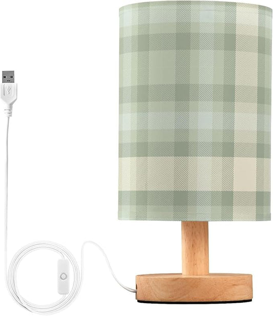 Aslsiy Sage Green Plaid Bedside Table Lamp Checked Nightstand Lamp Night Light Fabric Shade for Bedroom Living Room Home Office